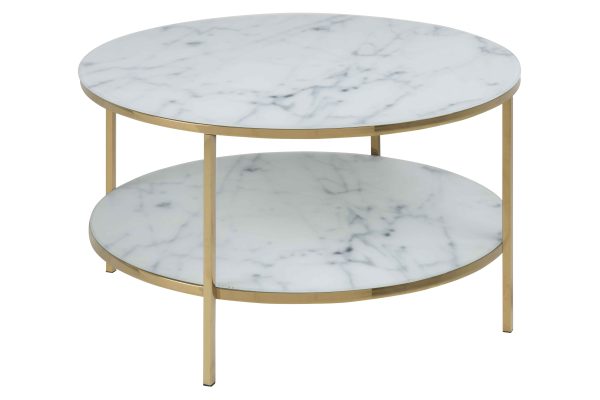 ACT NORDIC Alisma sofabord - glas m. hvid marmorprint/guld metal, rund (Ø:80)