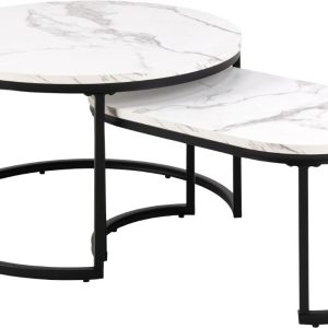 ACT NORDIC Spiro sofabord, oval/rund - hvid melamin med marmormønster og sort stål (sæt med 2)
