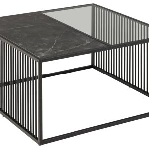 ACT NORDIC Strington sofabord, kvadratisk - sort marmormelamin/røgfarvet glas og sort metal (80x80)