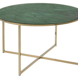 ACT NORDIC rund Alisma sofabord - glas m. grøn marmor print og guld metal (Ø:80)