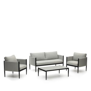 LAFORMA Satuna udendørs sæt med 2 lænestole, 2 personers sofa og sofabord - grå/sort glas/aluminium