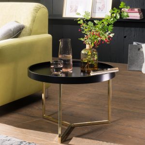 Rundt bakkebord / sofabord, guldfarvede ben, sort bordplade, glamour-stil