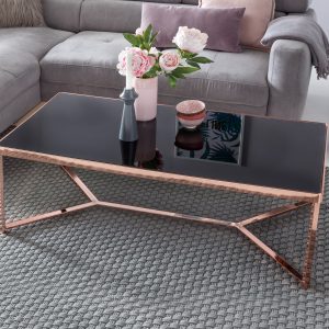 Sofabord med bordplade i sort glas og kobberfarvet kant