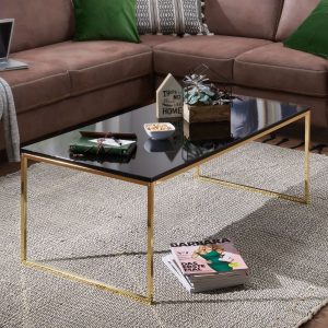 Sofabord med guldfarvet ramme, bordplade i sort glas, 120 cm