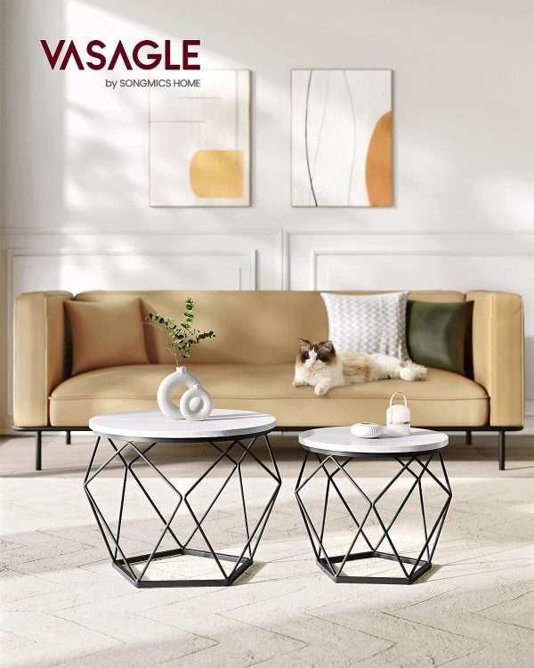 VASAGLE runde sofaborde, sæt med 2 sideborde, moderne stil, aftagelig bordplade, stålstel, til stue, hvid og sort LET040B59