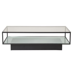 VENTURE DESIGN Maglehem sofabord, m. hylde - klar glas og sort metal (130x60)