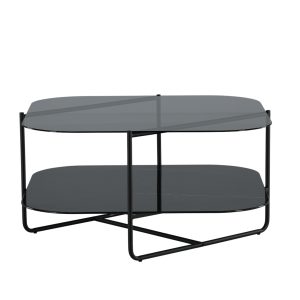 VENTURE DESIGN Un-line sofabord, m. hylde i sort marmorglas - røgsort glas og sort stål (85x85)