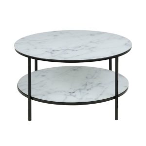 ACT NORDIC Alisma sofabord, m. 1 hylde - hvid marmorprint glas og sort metal (Ø80)