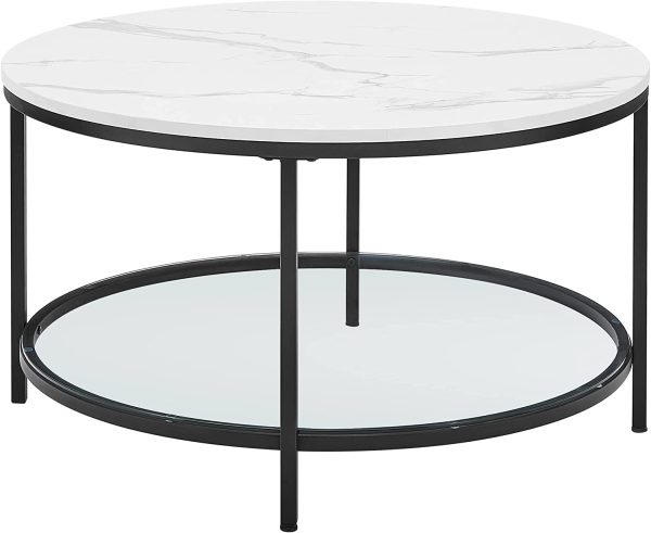 VASAGLE sofabord, rund, m. glashylde - hvid marmorlook spånplade og sort stål (Ø80)