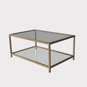 NORDVÄRK Astro sofabord, m. 1 hylde, rektangulær - glas og guld metal (90x60)