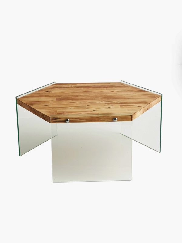 NORDVÄRK Hexagon sofabord, sekskantet - glas og egefarvet fyrretræ (80x70)