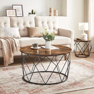 Rundt sofabord, lille midterbord med stålstel, industriel stil, rustik brun og sort