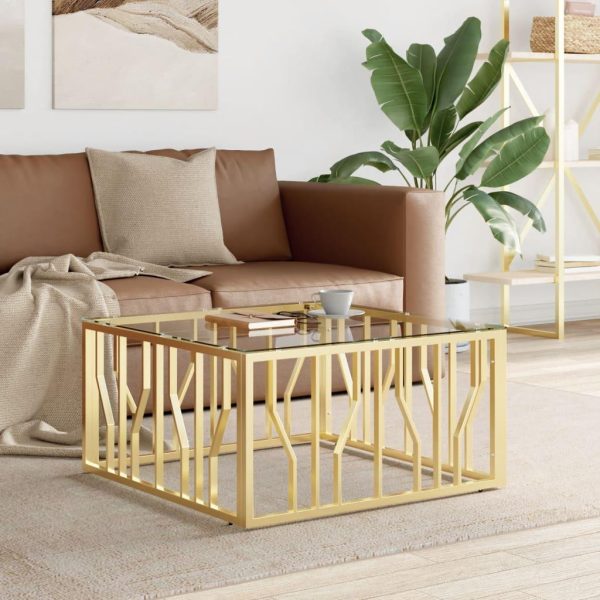 Sofabord 80x80x40 cm rustfrit stål og glas guldfarvet
