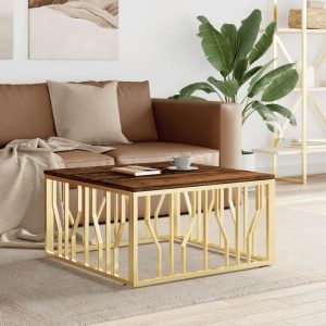 Sofabord rustfrit stål og massivt genbrugstræ guldfarvet